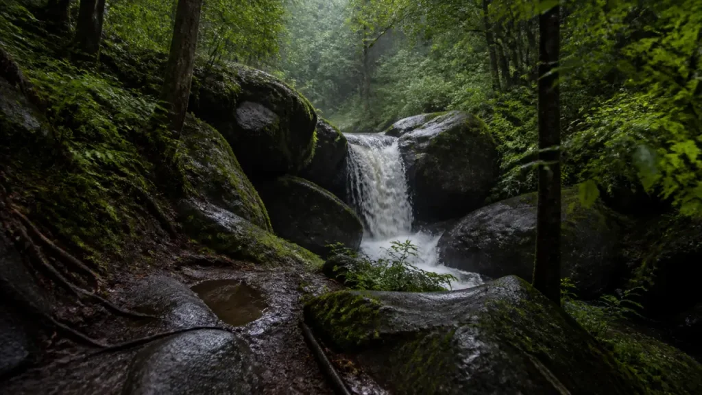Saut de gouloux, cascade dans le Morvan près du lac des Settons, forêt fraîche