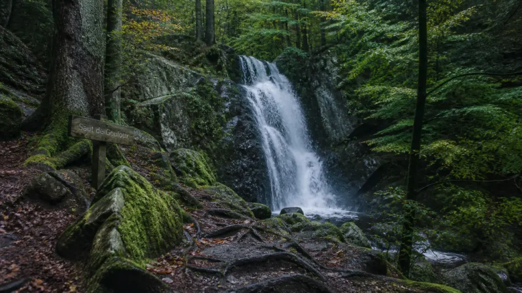 Saut de gouloux, cascade du Morvan : sentier étroit et rochers humides