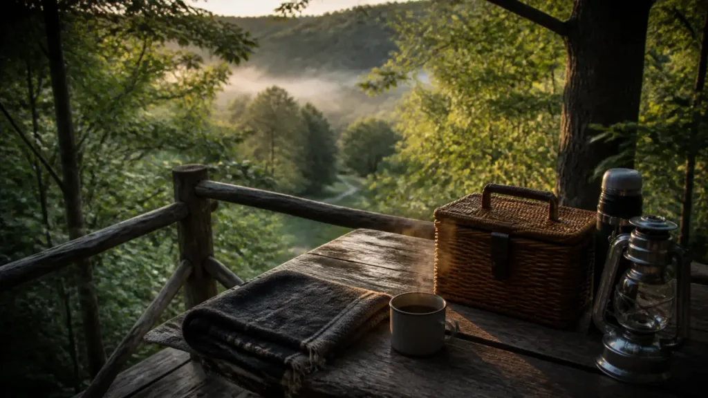 Séjour insolite Bourgogne : terrasse d’une cabane perchée au Morvan, tasse fumante et brume