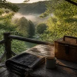 Séjour insolite Bourgogne : terrasse d’une cabane perchée au Morvan, tasse fumante et brume