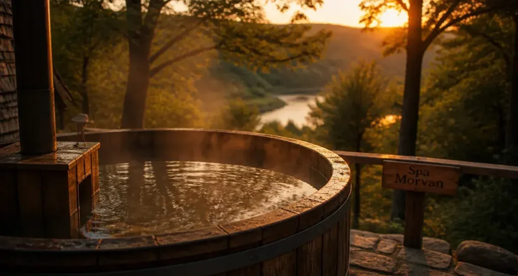 Spa Morvan : bain nordique en bois à la golden hour