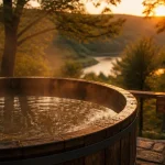 Spa Morvan : bain nordique en bois à la golden hour