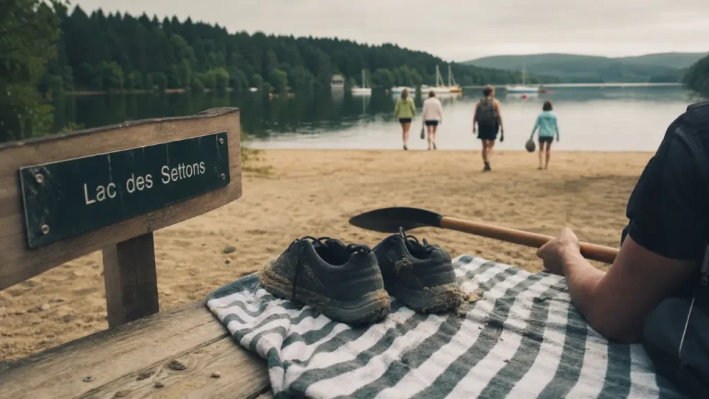 Une journée au lac des Settons : serviette et pagaie sur la plage, eau et forêt de pins