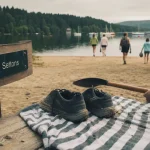 Une journée au lac des Settons : serviette et pagaie sur la plage, eau et forêt de pins