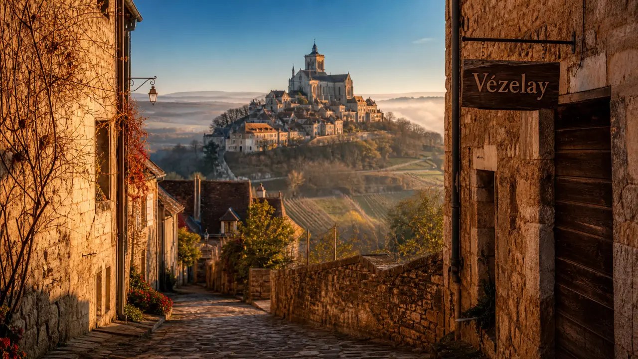 Vézelay : ruelle pavée vers la basilique Sainte-Marie-Madeleine