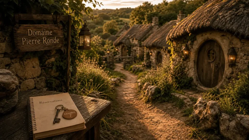 Village fantastique du domaine de la pierre ronde au Morvan : maisons en pierre et toits de chaume