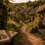 Village fantastique du domaine de la pierre ronde au Morvan : maisons en pierre et toits de chaume