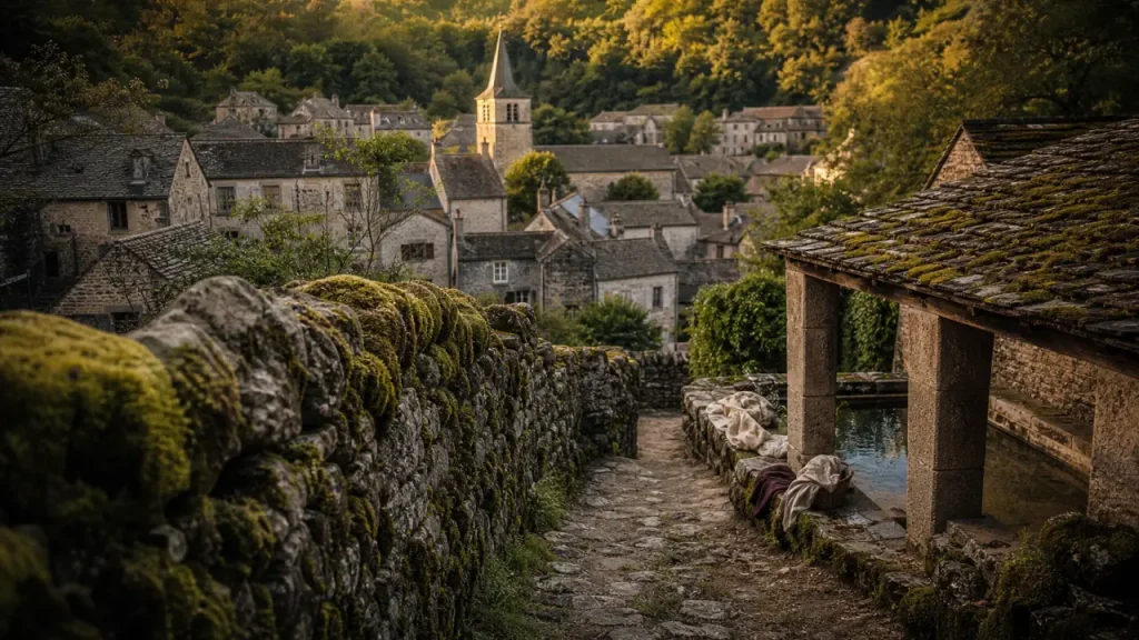 Villages du Morvan : chemin creux et lavoir, village en pierre