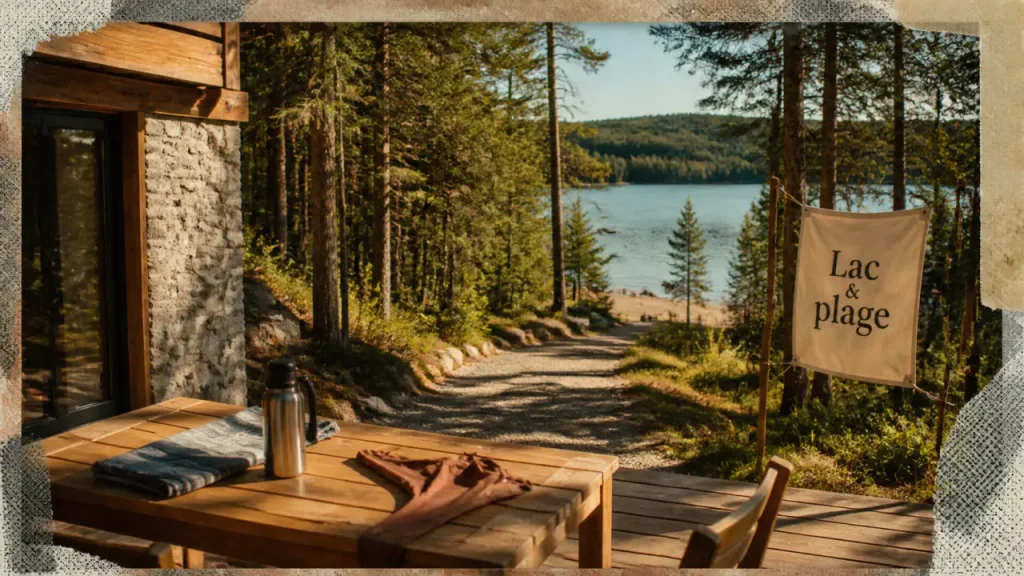 Airbnb Morvan lac : terrasse en bois et plage au bord du lac