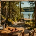 Airbnb Morvan lac : terrasse en bois et plage au bord du lac