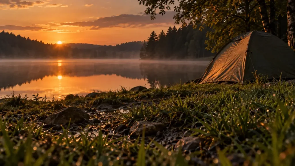 Bivouac lac Morvan au bord du lac, tente discrète au golden hour