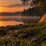 Bivouac lac Morvan au bord du lac, tente discrète au golden hour