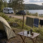 Camping du lac Morvan : tente près du lac et caravane