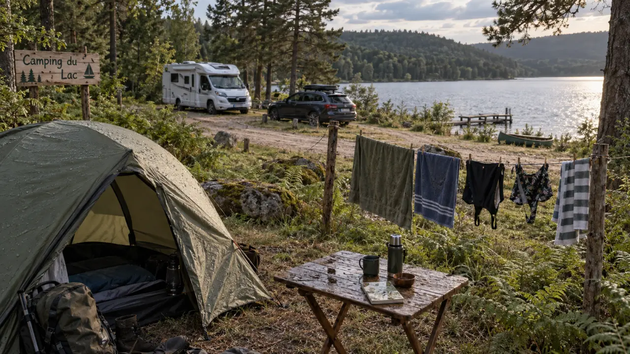 Camping du lac Morvan : tente près du lac et caravane