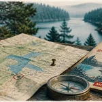 Carte lac morvan sur une table près d’un lac du Morvan, boussole et feuillet route des grands lacs