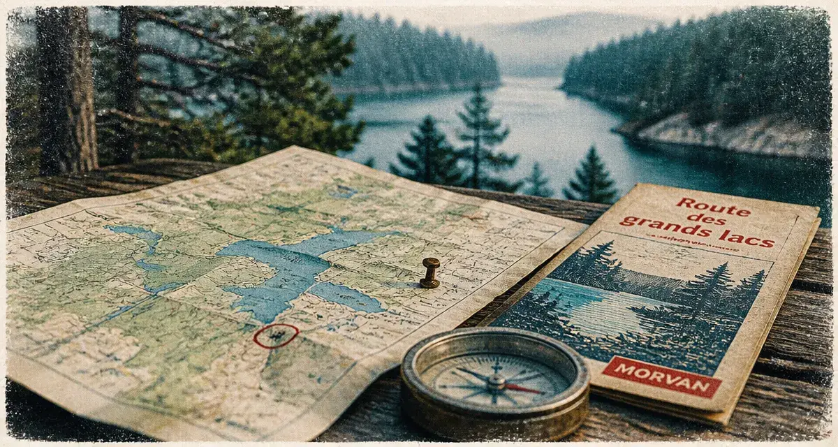 Carte lac morvan sur une table près d’un lac du Morvan, boussole et feuillet route des grands lacs