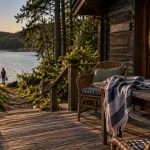 Chalet morvan lac des settons : terrasse bois et chemin vers la rive