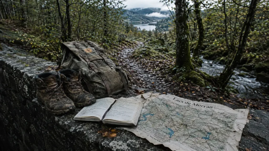 Circuit randonnée Morvan : chaussures au bord d’un lac, forêts et crêtes