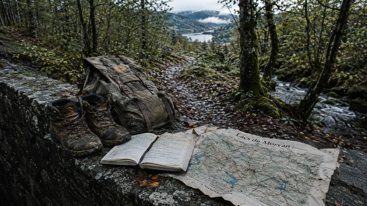 Circuit randonnée Morvan : chaussures au bord d’un lac, forêts et crêtes