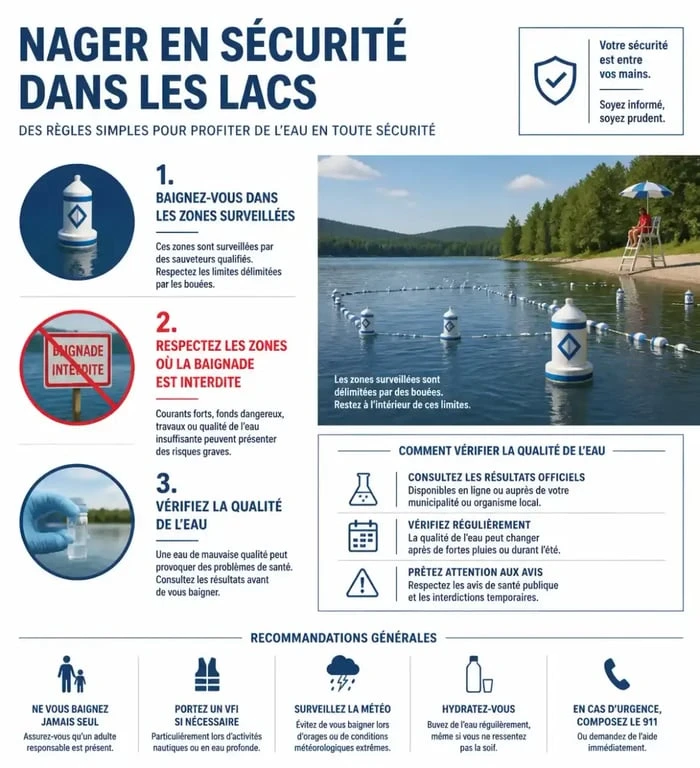 Infographie sur les règles de sécurité et la baignade dans les lacs du Morvan