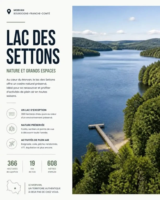Vue panoramique du lac des Settons, un lieu idéal pour la baignade dans le Morvan