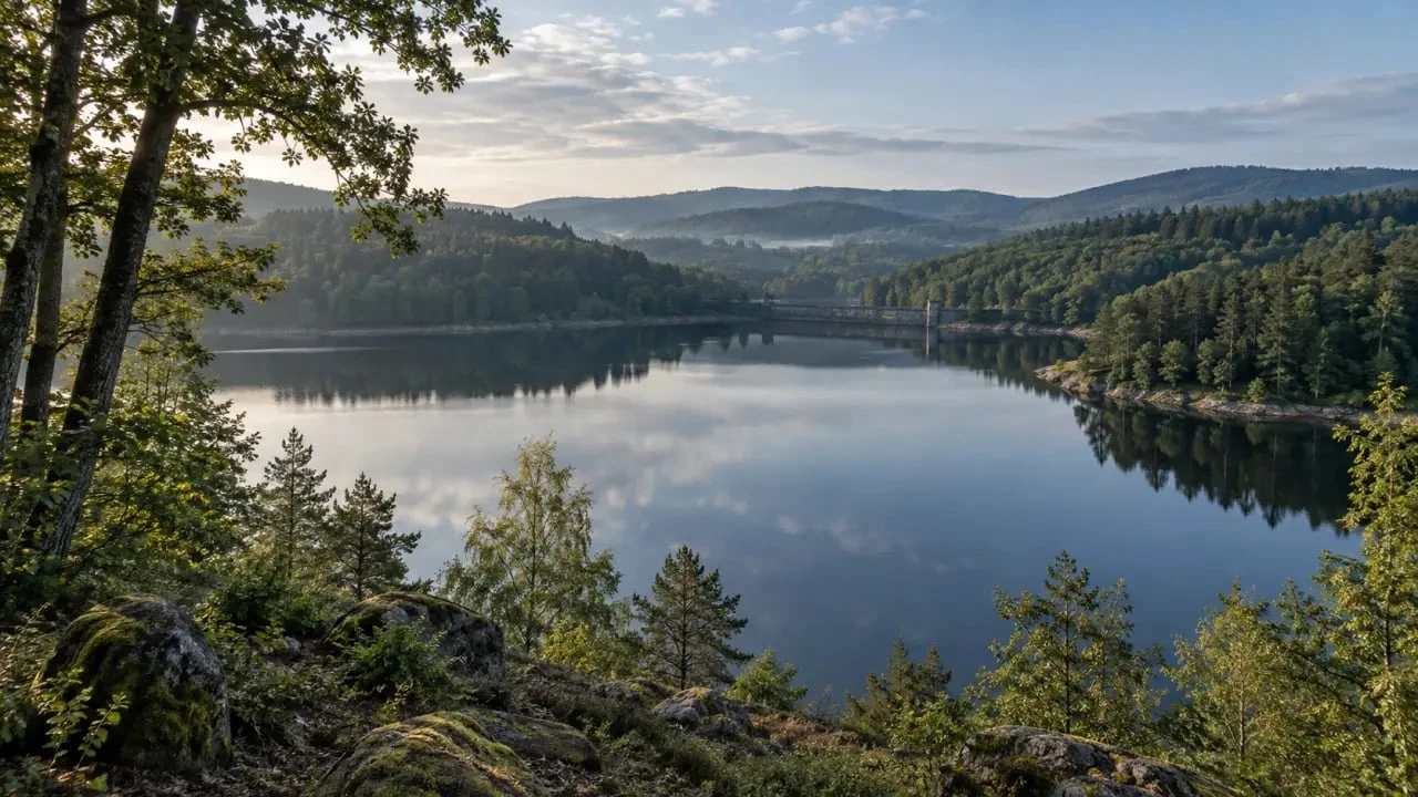 Vue panoramique du lac de Chamboux dans le Morvan entre forêt et digue