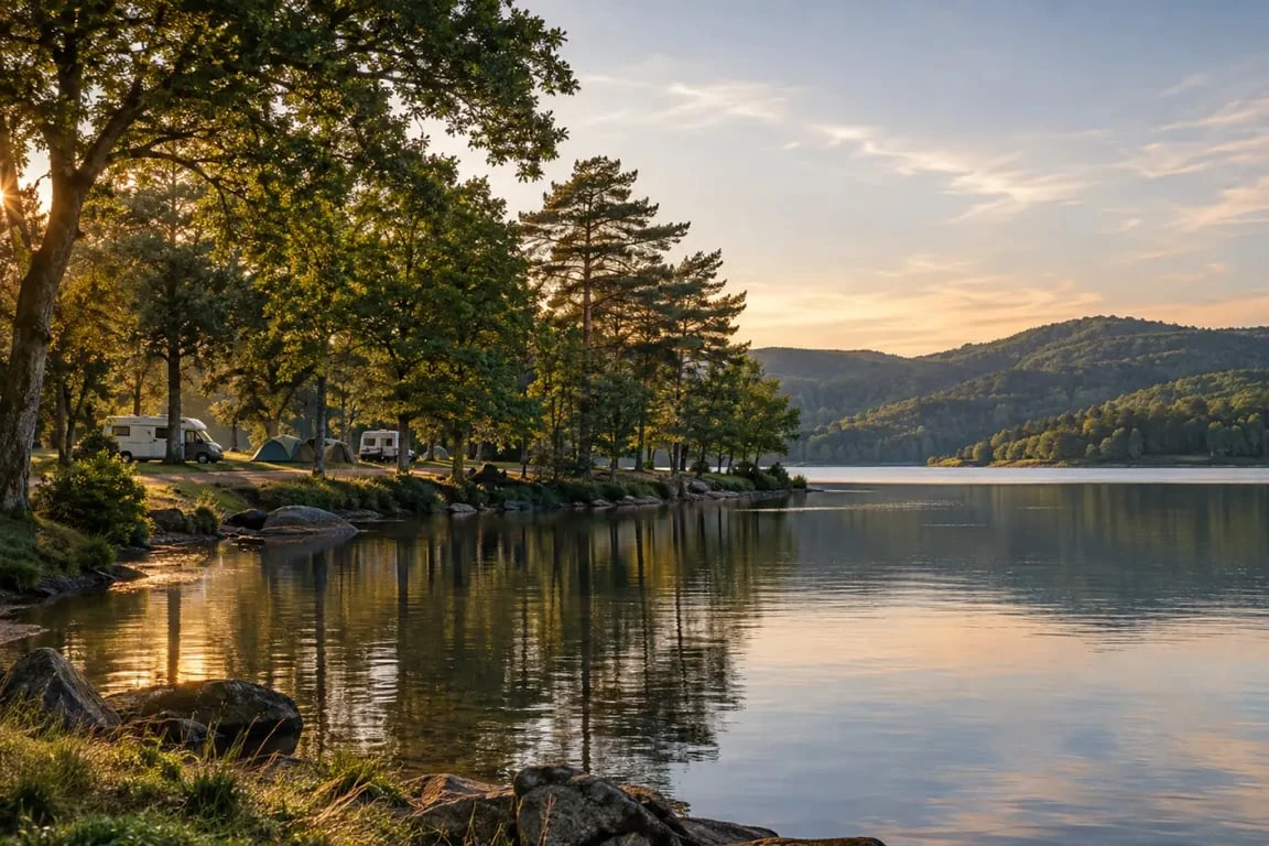 Camping du lac Morvan dans un paysage boisé au bord de l’eau