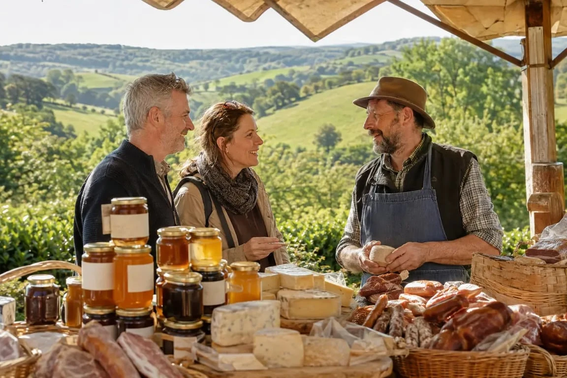 Gastronomie Morvan : marché de producteurs avec miel, fromages et charcuteries locales