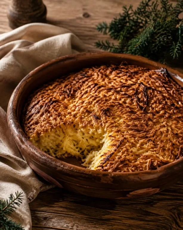 Gastronomie Morvan : tourtière râpée morvandelle dorée servie dans un plat rustique