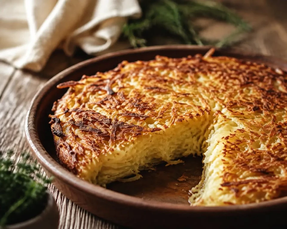 Gastronomie Morvan : tourtière râpée morvandelle dorée servie dans un plat rustique