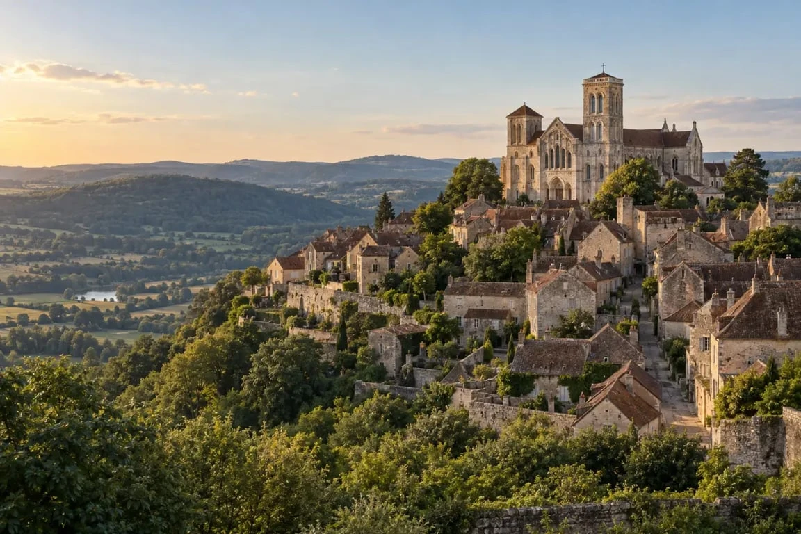 Vézelay, village emblématique parmi les villes et villages du Morvan, avec sa basilique et ses collines