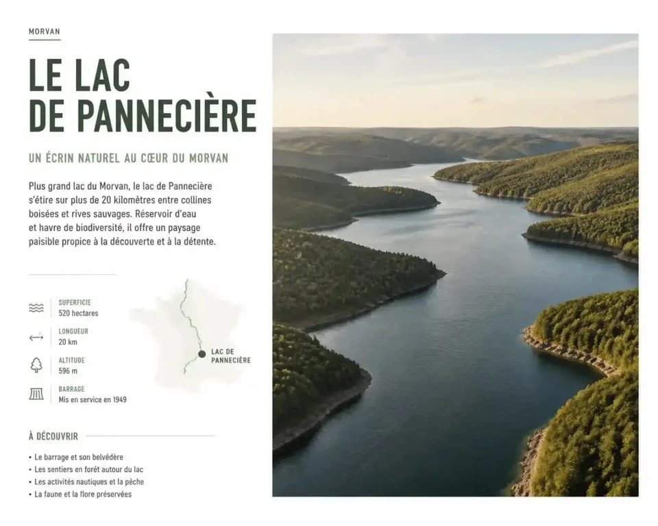 Vue aérienne du lac de Pannecière dans le Morvan entouré de forêts