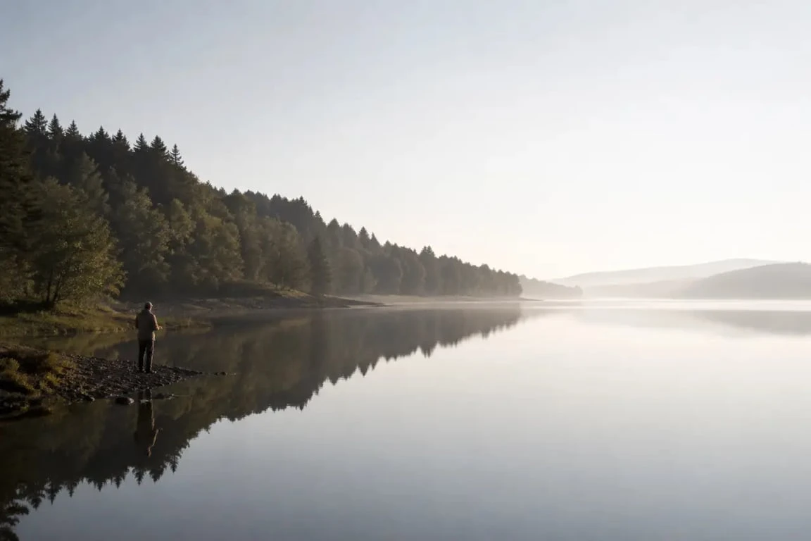 Lac morvan pêche : panorama d’un grand lac du Morvan avec un pêcheur au bord de l’eau