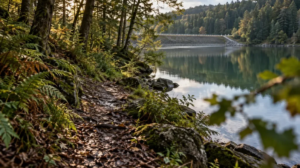 Sentier vers le lac de Chamboux Morvan, berges et forêt