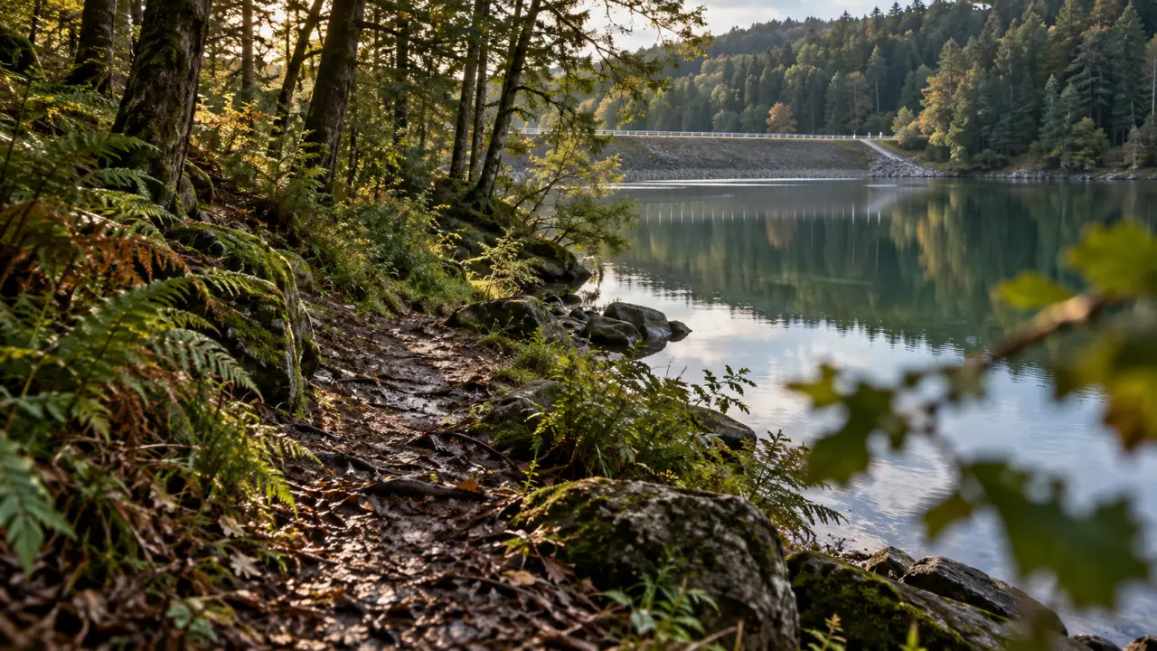 Sentier vers le lac de Chamboux Morvan, berges et forêt
