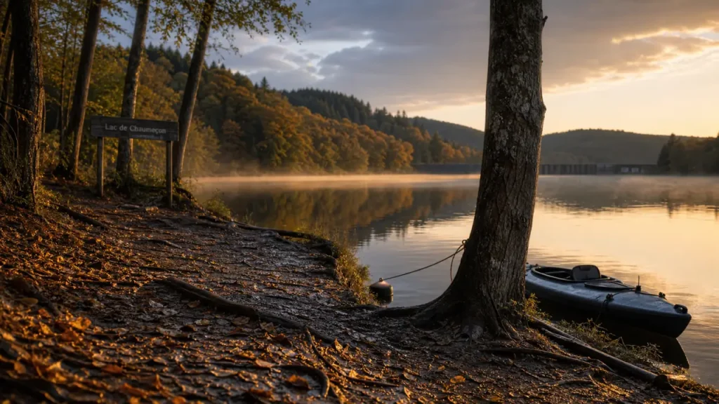 Lac de chaumeçon morvan au golden hour, canoë près du barrage et rive boisée