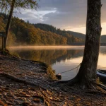 Lac de chaumeçon morvan au golden hour, canoë près du barrage et rive boisée