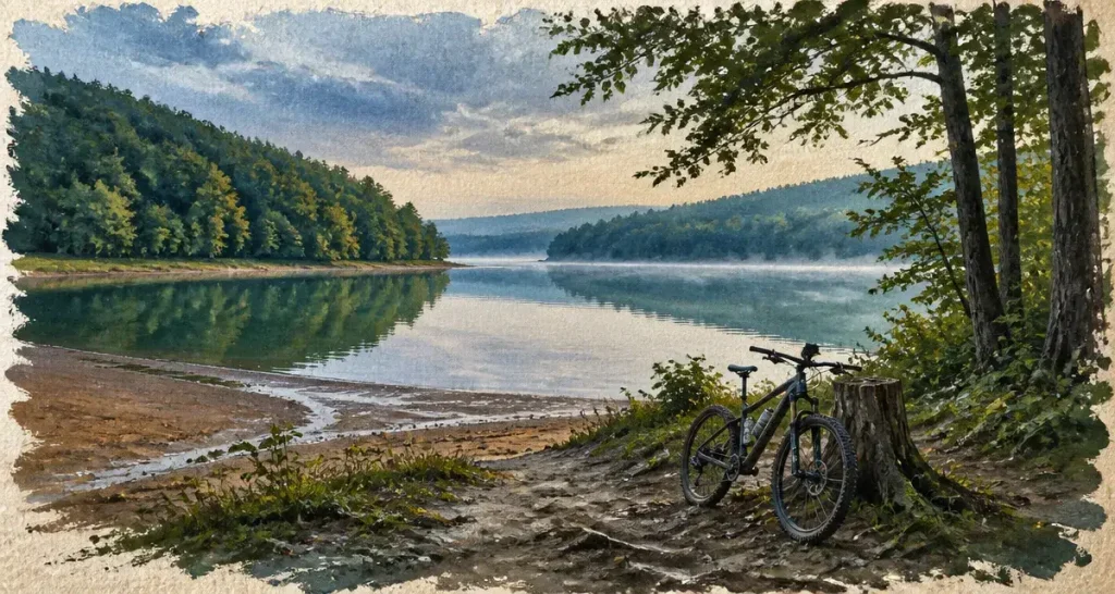 Lac de Pannecière Morvan au lever du jour, reflet et brume