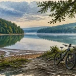 Lac de Pannecière Morvan au lever du jour, reflet et brume