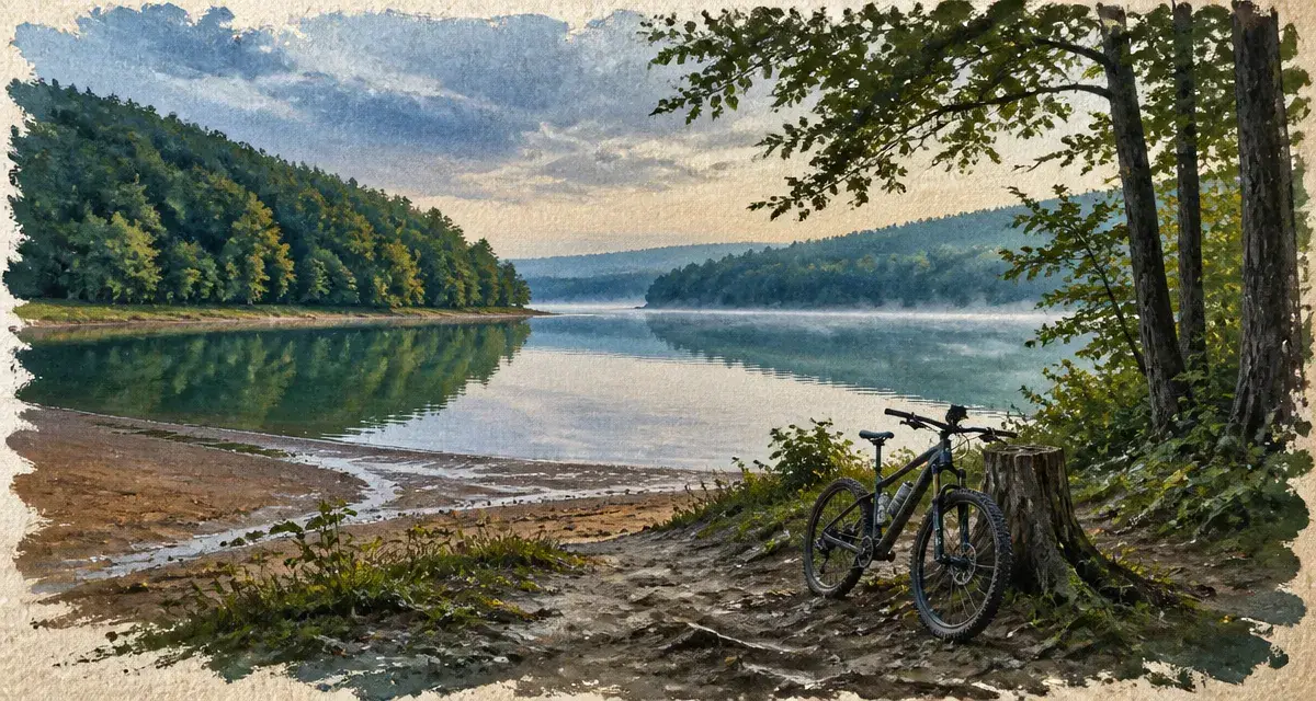 Lac de Pannecière Morvan au lever du jour, reflet et brume