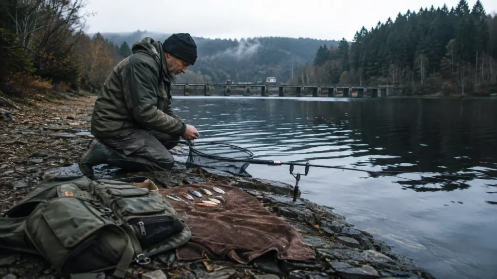 lac morvan pêche : pêcheur sur la rive, canne et épuisette