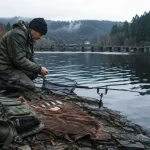lac morvan pêche : pêcheur sur la rive, canne et épuisette