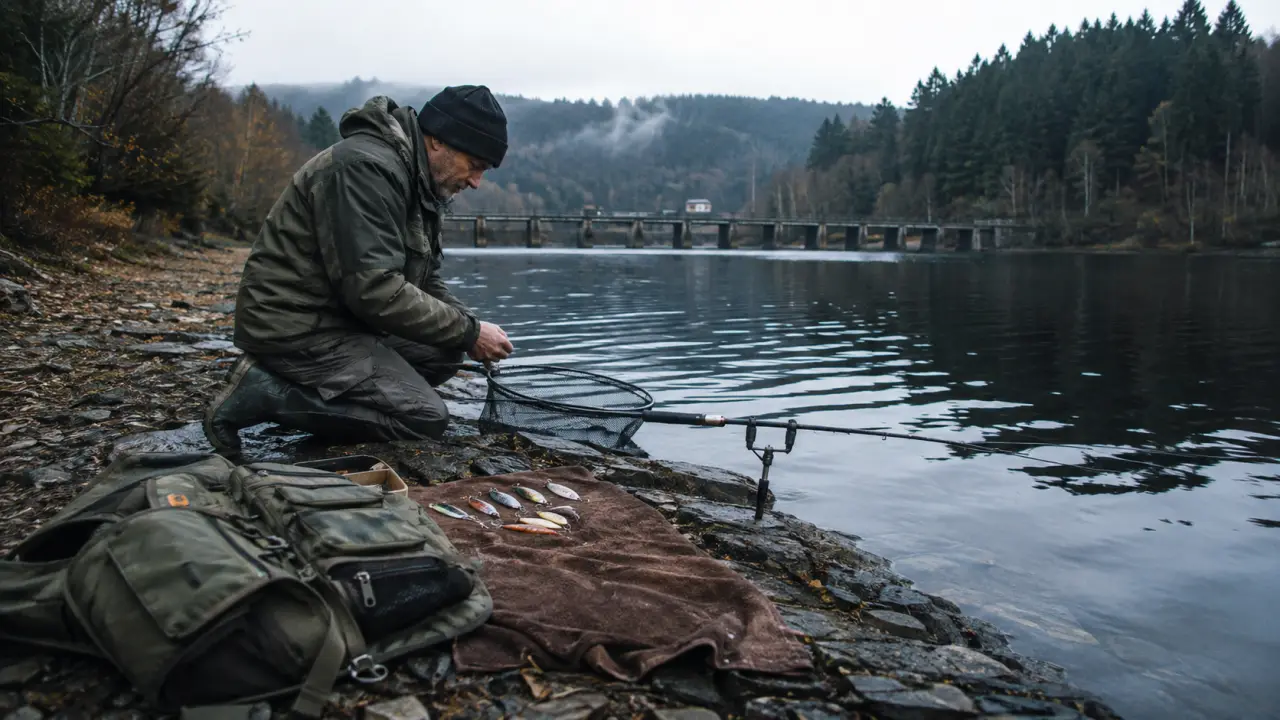 lac morvan pêche : pêcheur sur la rive, canne et épuisette