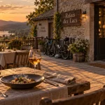 Terrasse du le relais du lac morvan à Planchez, bois et salle ouverte