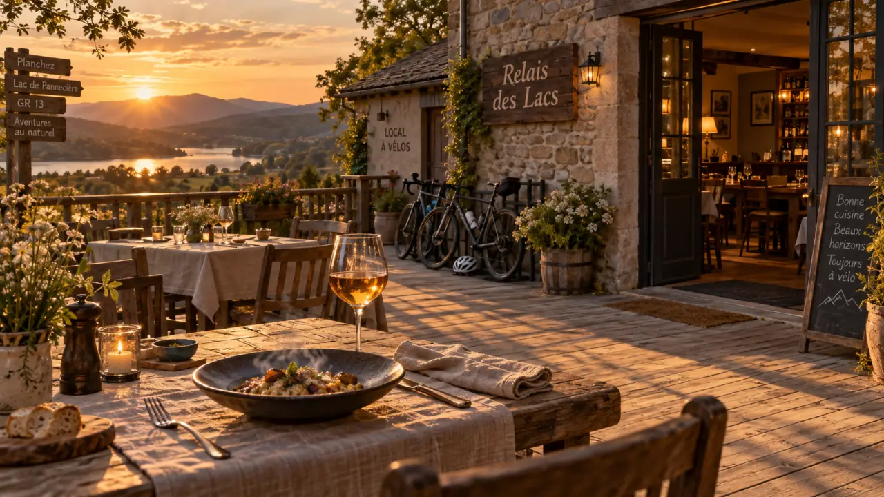 Terrasse du le relais du lac morvan à Planchez, bois et salle ouverte