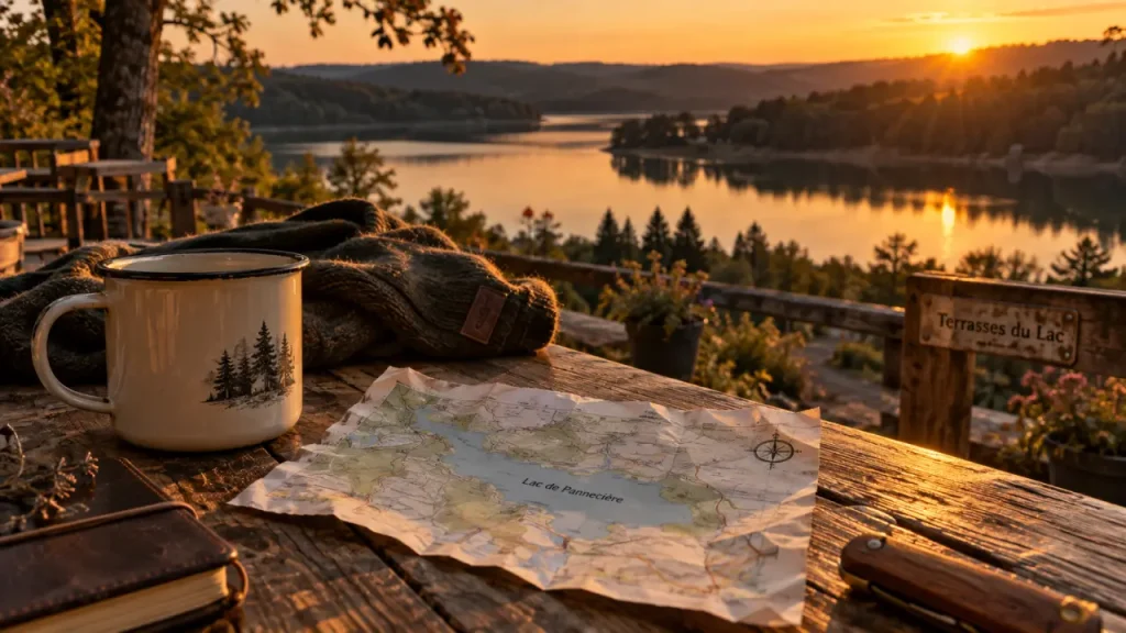 Les terrasses du lac Morvan au bord du lac de Pannecière, vue au coucher du soleil