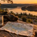 Les terrasses du lac Morvan au bord du lac de Pannecière, vue au coucher du soleil