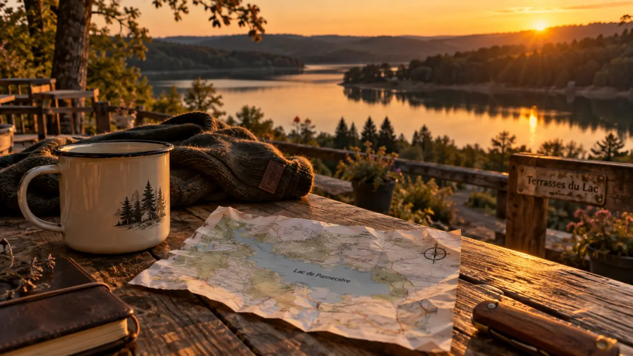 Les terrasses du lac Morvan au bord du lac de Pannecière, vue au coucher du soleil