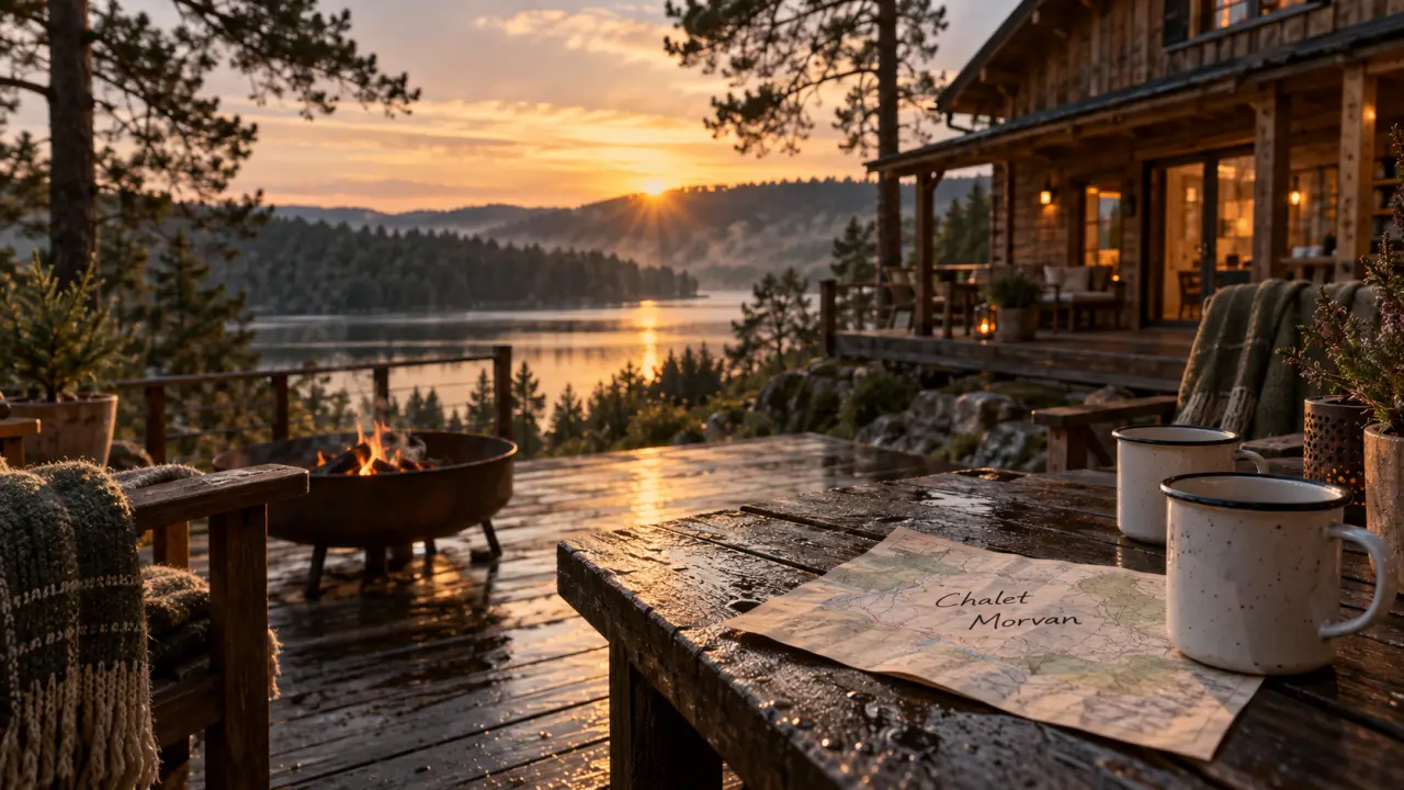Location morvan lac des settons : chalet au bord du lac des Settons, terrasse et lac Morvan
