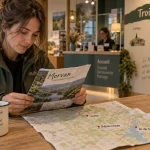 Office tourisme Morvan : femme feuillette dépliant sur table, trois bureaux Lormes Château-Chinon lac des Settons